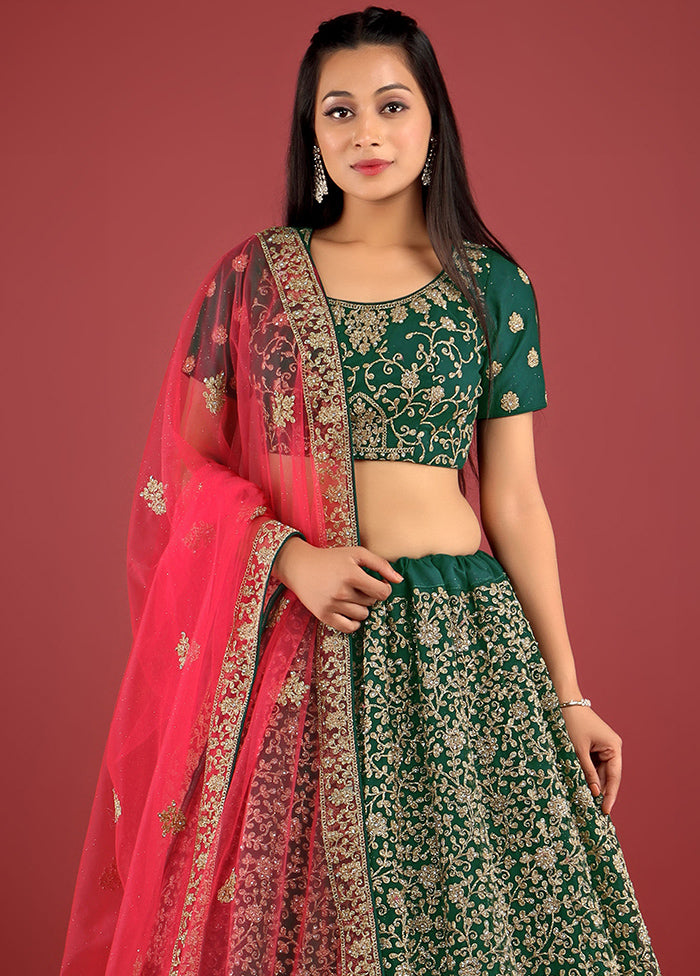 3 Pc Green Net Semi Stitched Lehenga Set - Indian Silk House Agencies