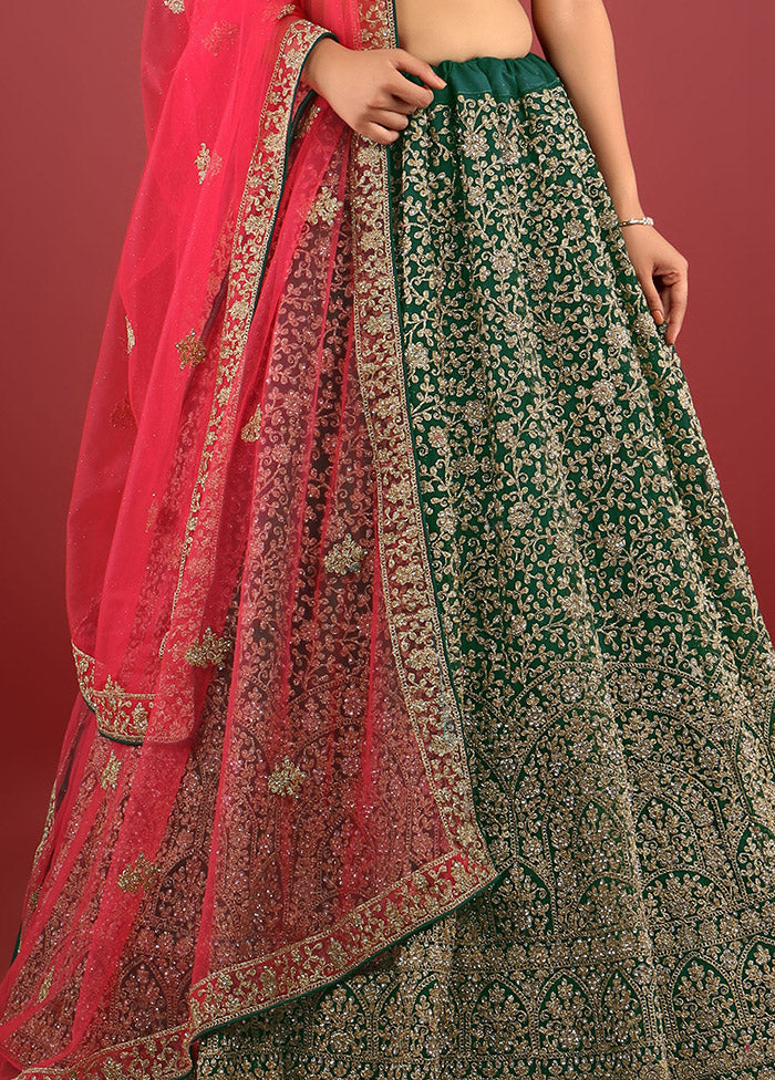 3 Pc Green Net Semi Stitched Lehenga Set - Indian Silk House Agencies