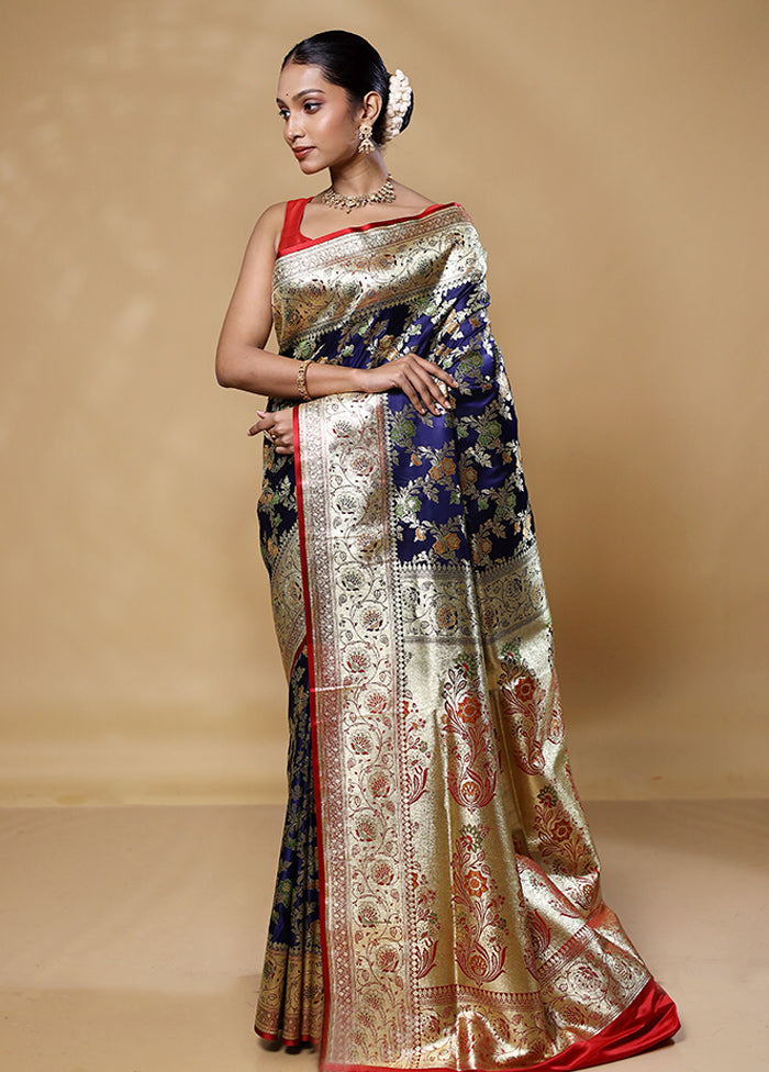 Blue Banarasi Silk Saree With Blouse Piece