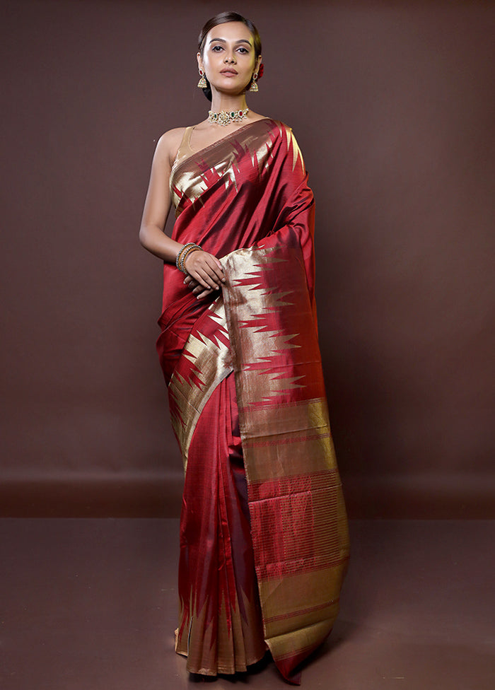 Maroon Handloom Kanchipuram Pure Silk Saree With Blouse Piece