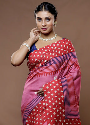 Pink Printed Pure Silk Saree With Blouse Piece