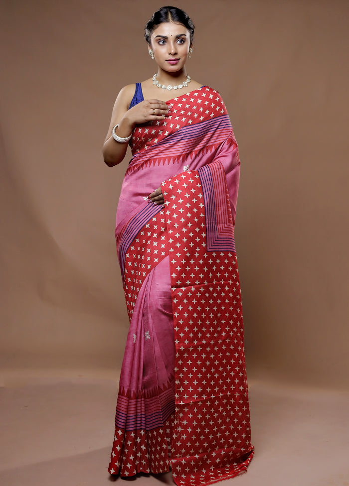 Pink Printed Pure Silk Saree With Blouse Piece