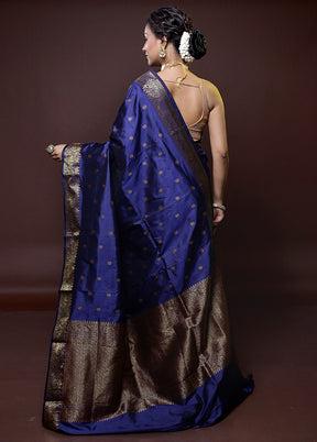 Blue Handloom Katan Pure Silk Saree With Blouse Piece