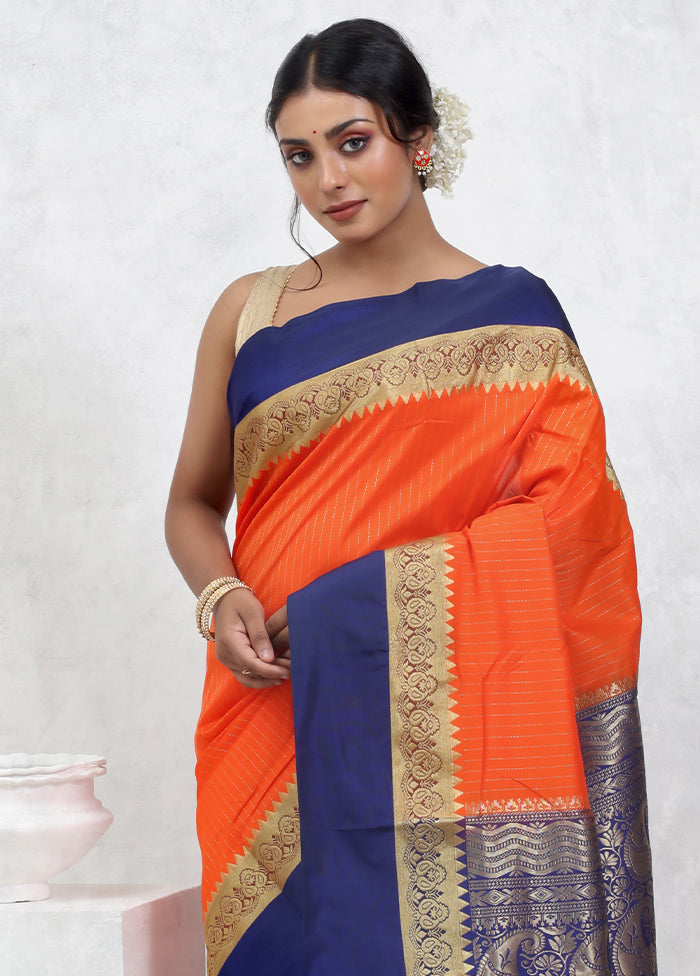 Orange Kanjivaram Silk Saree With Blouse Piece - Indian Silk House Agencies