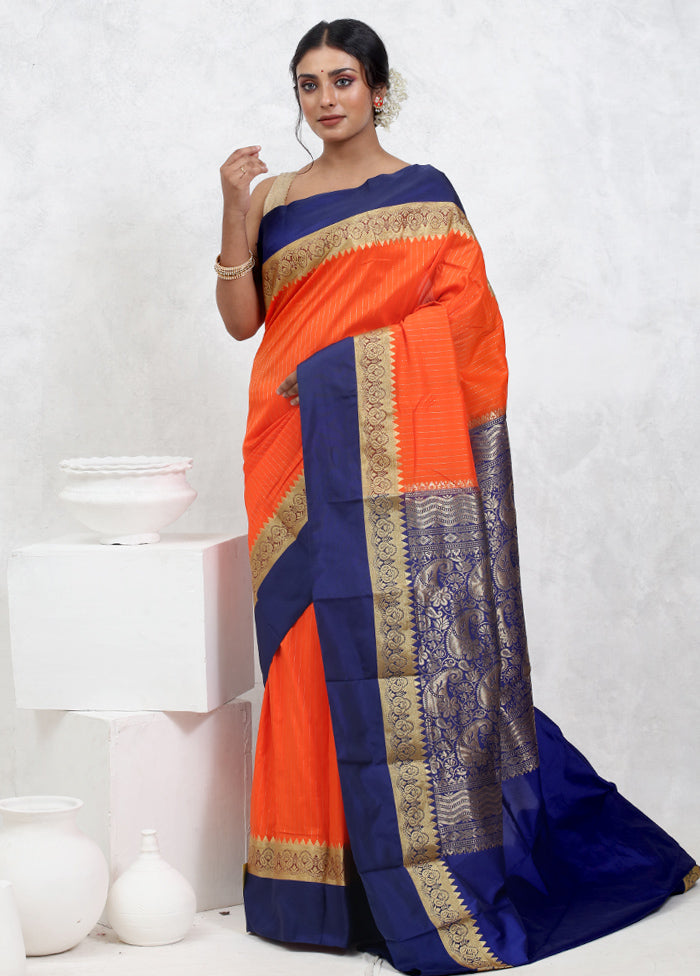 Orange Kanjivaram Silk Saree With Blouse Piece - Indian Silk House Agencies