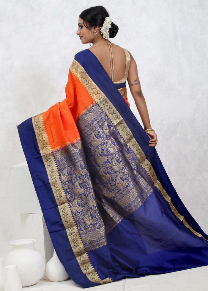 Orange Kanjivaram Silk Saree With Blouse Piece - Indian Silk House Agencies