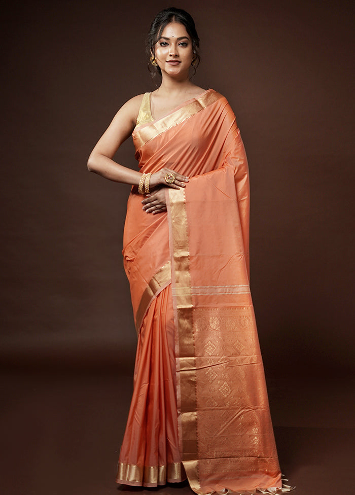 Peach Kanjivaram Silk Saree With Blouse Piece