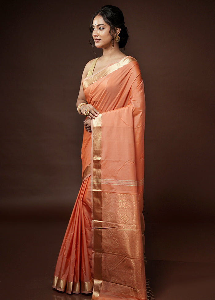 Peach Kanjivaram Silk Saree With Blouse Piece