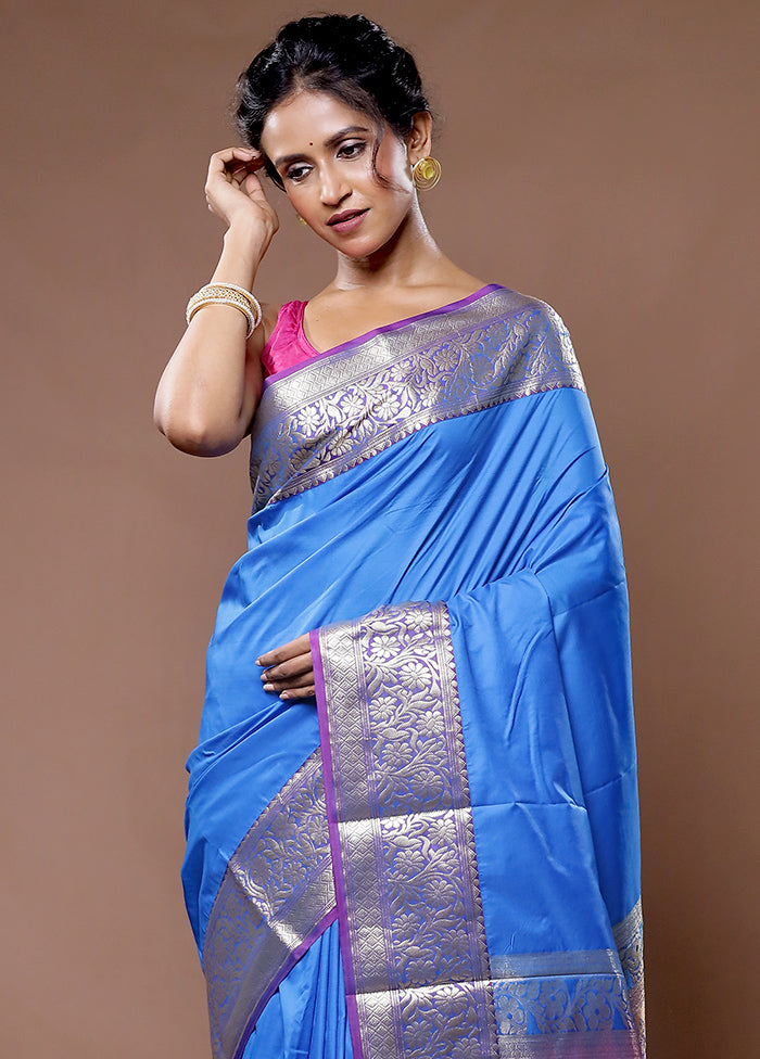 Blue Kanjivaram Silk Saree With Blouse Piece