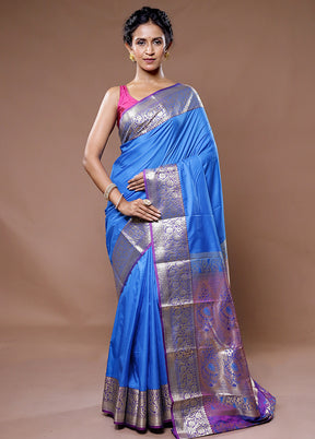 Blue Kanjivaram Silk Saree With Blouse Piece
