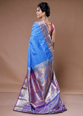 Blue Kanjivaram Silk Saree With Blouse Piece