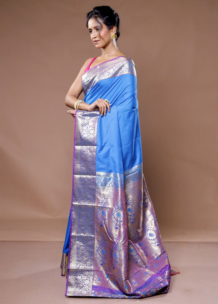 Blue Kanjivaram Silk Saree With Blouse Piece