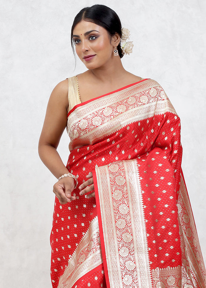 Red Banarasi Silk Saree Without Blouse Piece
