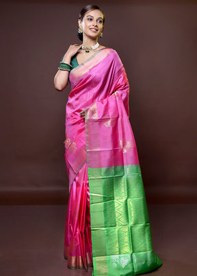 Pink Kanjivaram Silk Saree With Blouse Piece