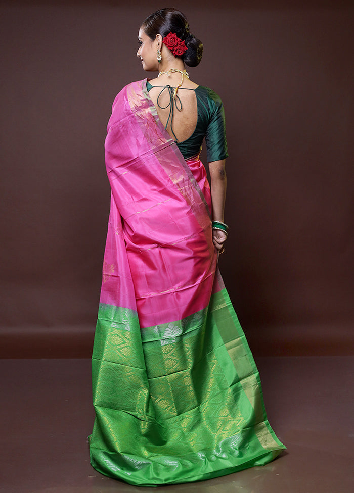 Pink Kanjivaram Silk Saree With Blouse Piece