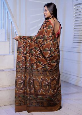Brown Handloom Printed Pure Silk Saree Without Blouse Piece