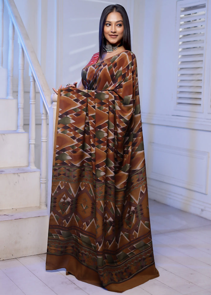 Brown Handloom Printed Pure Silk Saree Without Blouse Piece