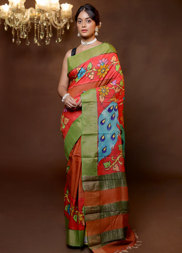 Red Tussar Silk Saree With Blouse Piece