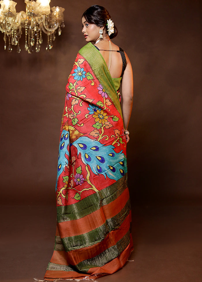 Red Tussar Silk Saree With Blouse Piece