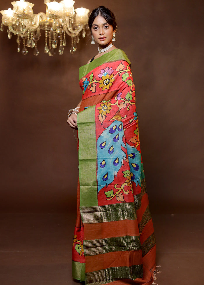 Red Tussar Silk Saree With Blouse Piece