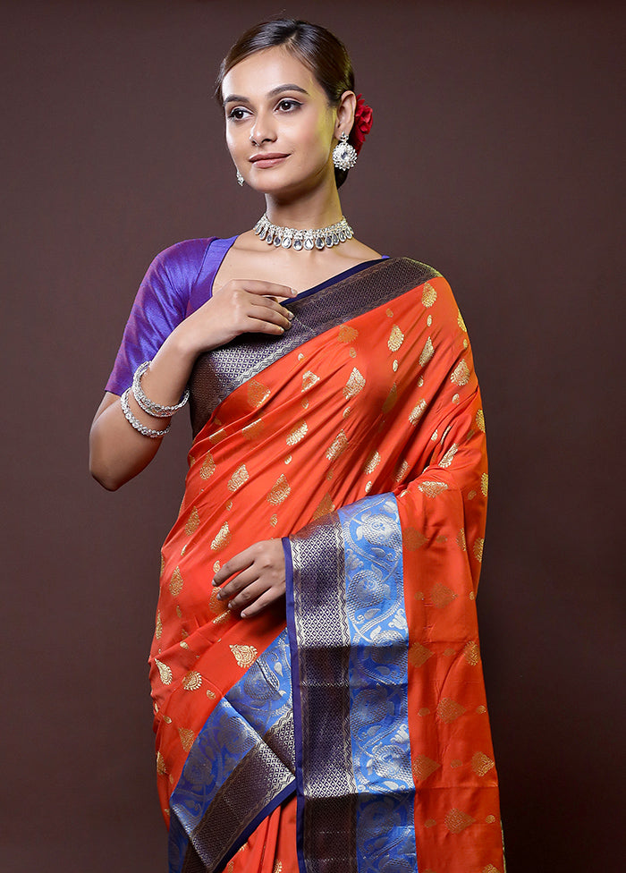 Orange Kanjivaram Silk Saree With Blouse Piece