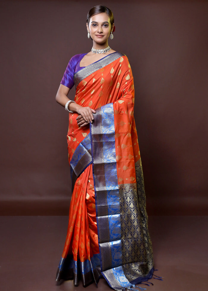 Orange Kanjivaram Silk Saree With Blouse Piece