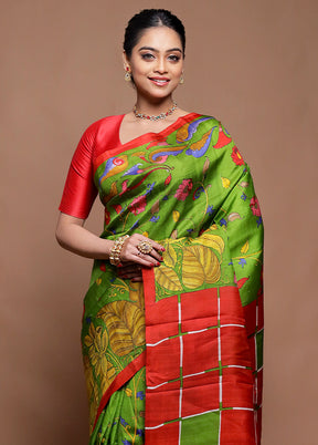 Green Printed Pure Silk Saree Without Blouse Piece