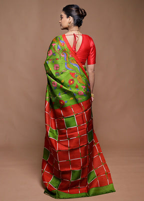 Green Printed Pure Silk Saree Without Blouse Piece