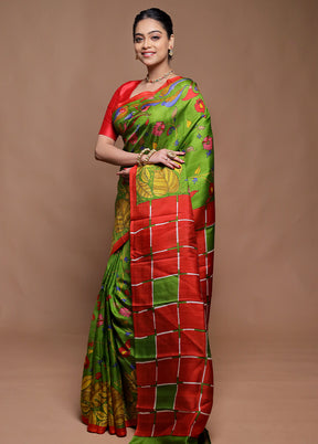 Green Printed Pure Silk Saree Without Blouse Piece