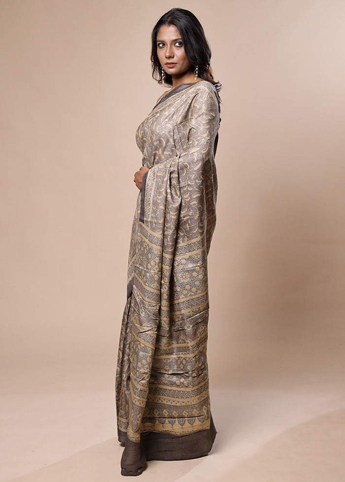 Grey Handloom Tussar Pure Silk Saree With Blouse Piece