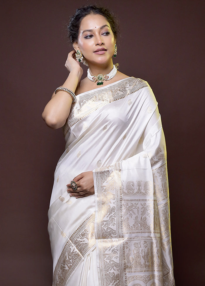 White Handloom Baluchari Pure Silk Saree With Blouse Piece