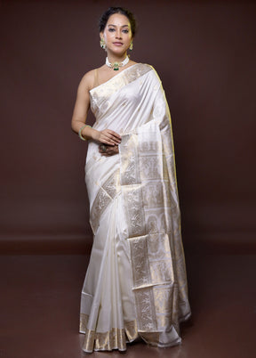 White Handloom Baluchari Pure Silk Saree With Blouse Piece