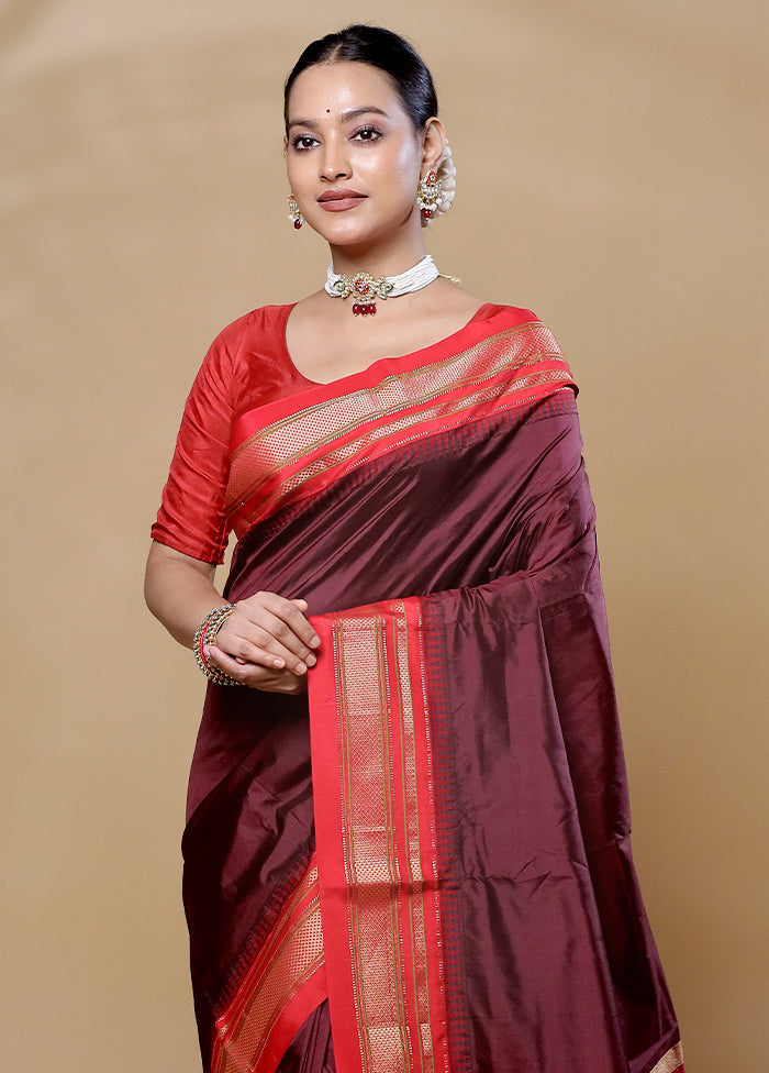 Wine Handloom Kanjivaram Pure Silk Saree With Blouse Piece