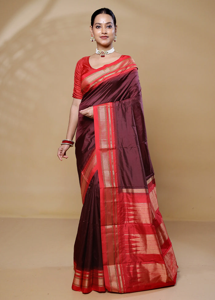 Wine Handloom Kanjivaram Pure Silk Saree With Blouse Piece