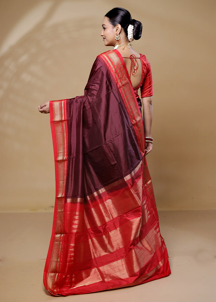 Wine Handloom Kanjivaram Pure Silk Saree With Blouse Piece