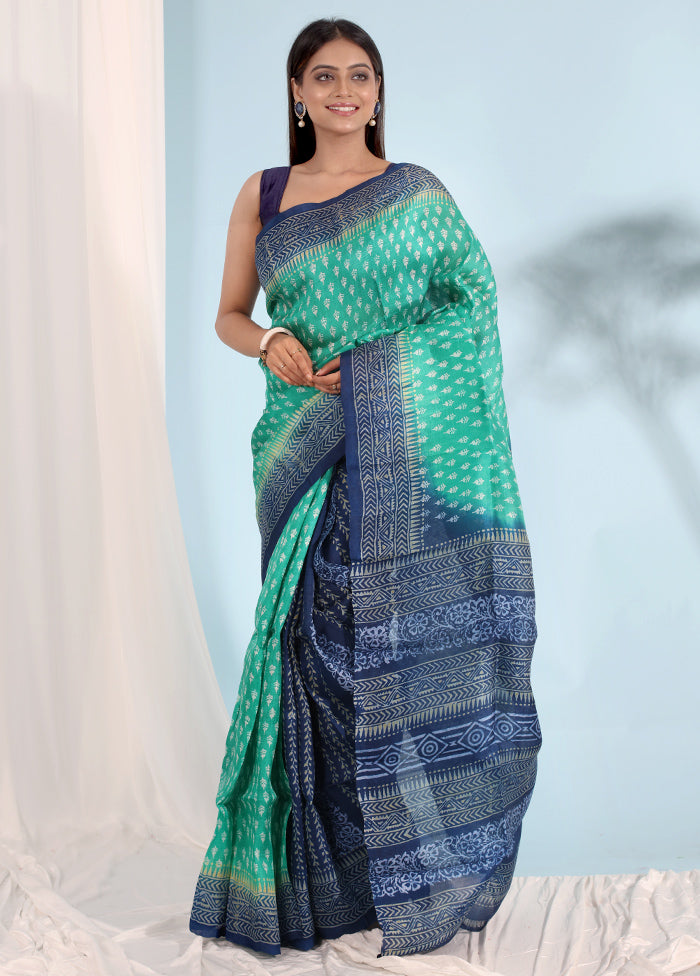 Green Printed Pure Silk Saree With Blouse Piece - Indian Silk House Agencies