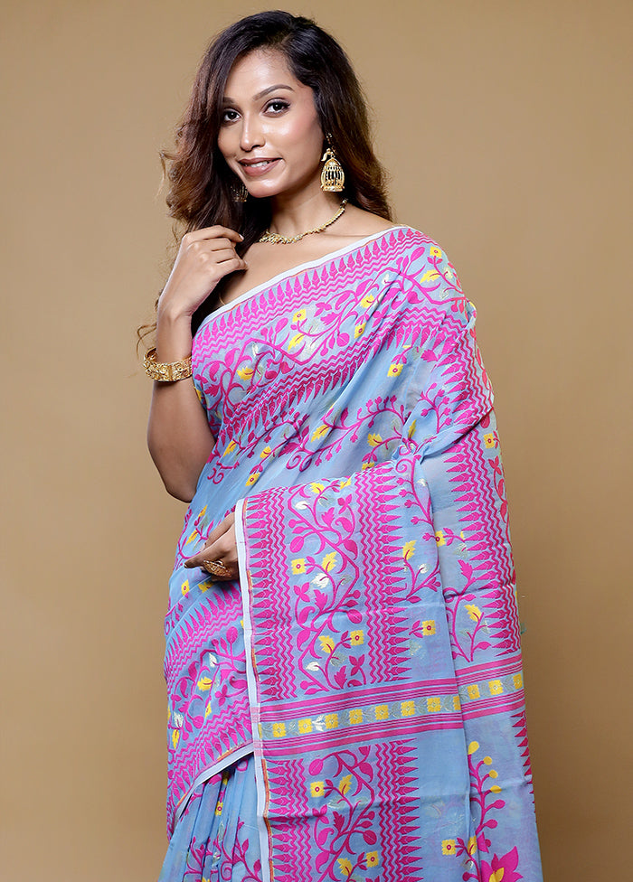 Blue Tant Jamdani Saree Without Blouse Piece