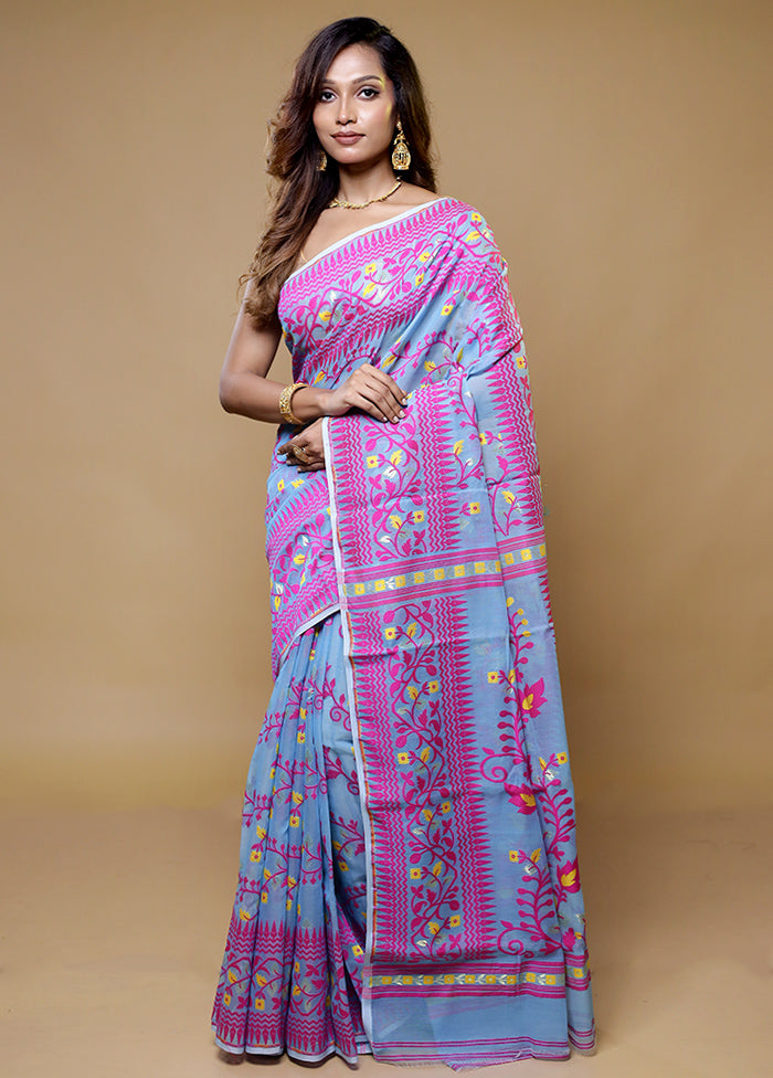 Blue Tant Jamdani Saree Without Blouse Piece