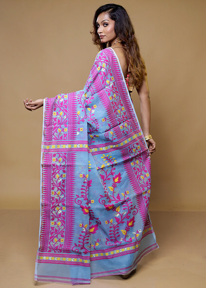 Blue Tant Jamdani Saree Without Blouse Piece