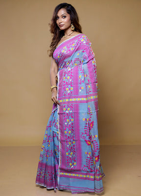 Blue Tant Jamdani Saree Without Blouse Piece