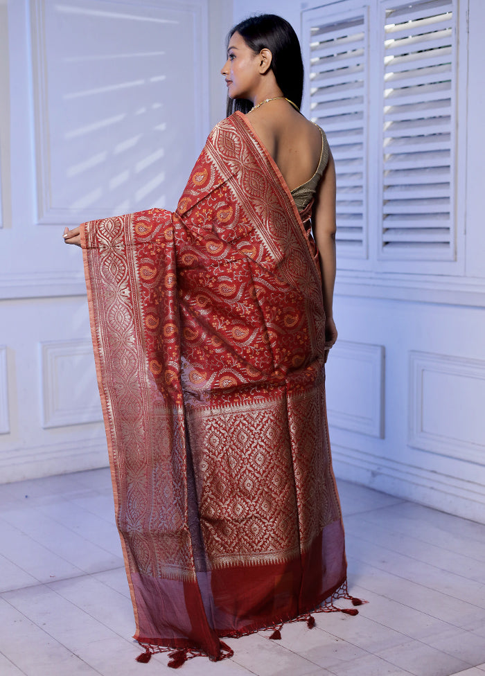 Red Kora Silk Saree With Blouse Piece