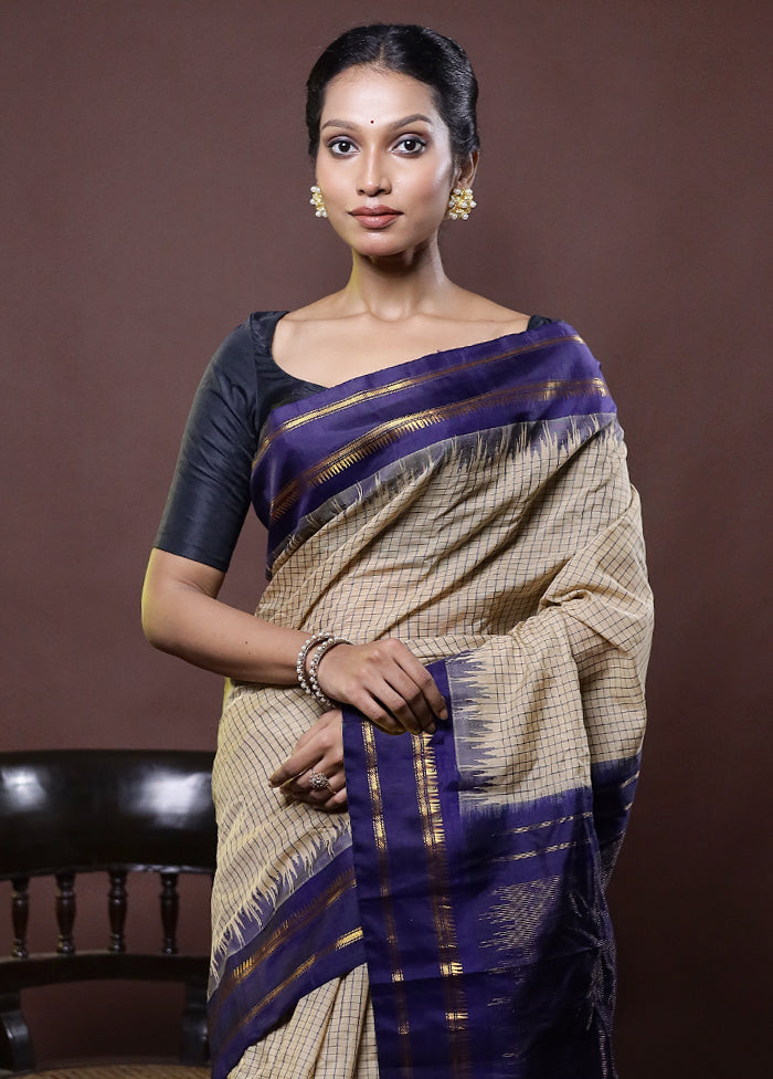 Cream Gadwal Pure Silk Saree Without Blouse Piece