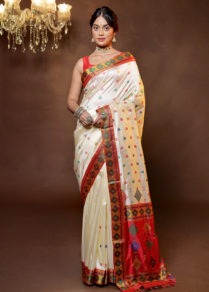 Cream Handloom Assam Pure Silk Saree With Blouse Piece