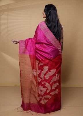 Pink Handloom Matka Pure Silk Saree With Blouse Piece