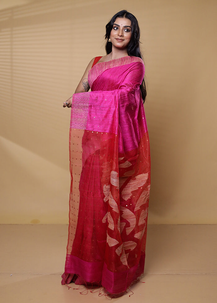 Pink Handloom Matka Pure Silk Saree With Blouse Piece