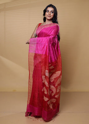 Pink Handloom Matka Pure Silk Saree With Blouse Piece