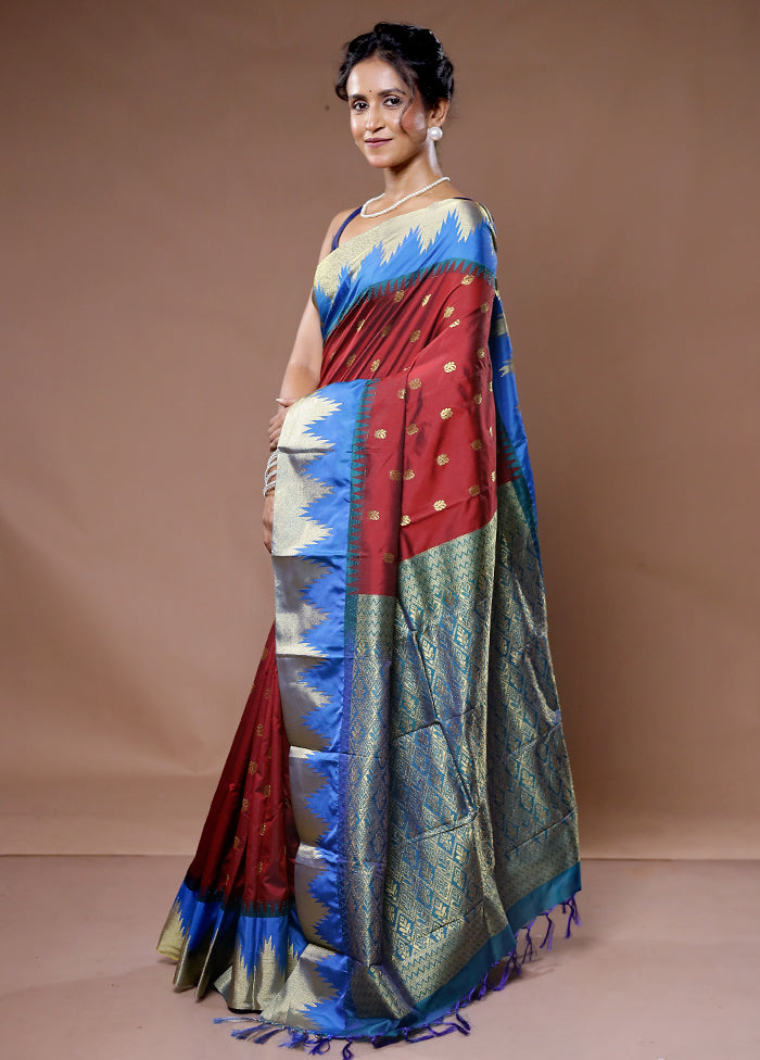 Maroon Kanjivaram Silk Saree With Blouse Piece - Indian Silk House Agencies