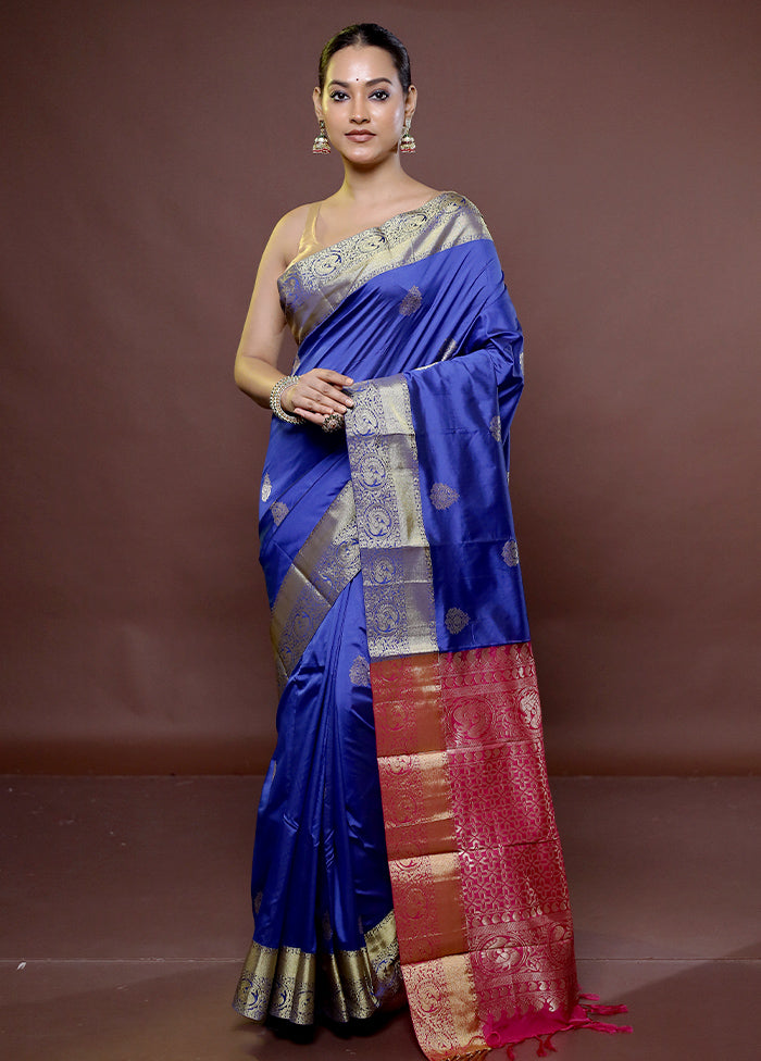 Blue Kanjivaram Silk Saree With Blouse Piece