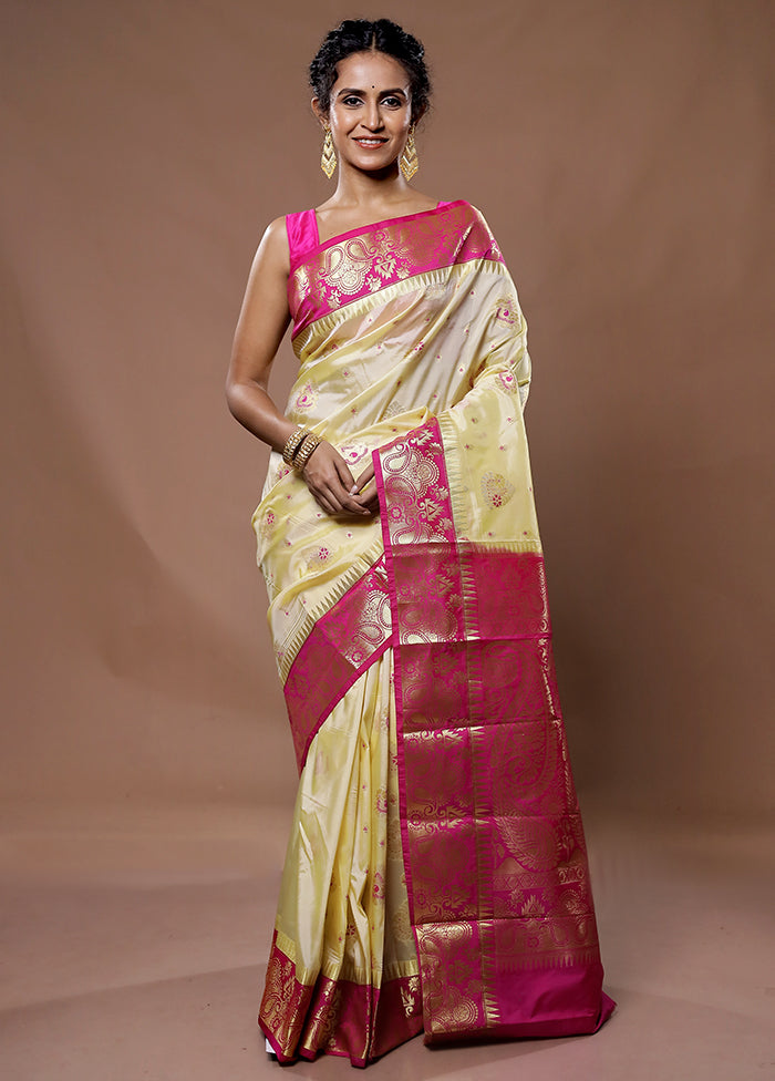 Cream Kanjivaram Silk Saree With Blouse Piece - Indian Silk House Agencies