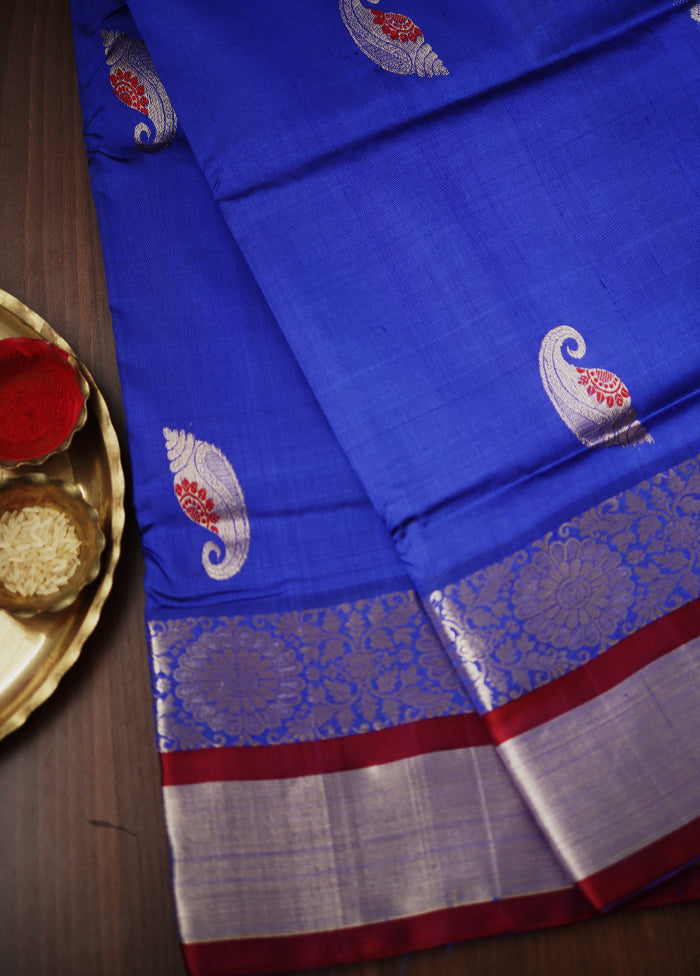 Blue Garad Pure Silk Saree Without Blouse Piece